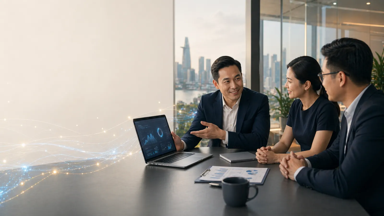 Đội ngũ làm việc trong phòng họp hiện đại tại Singapore